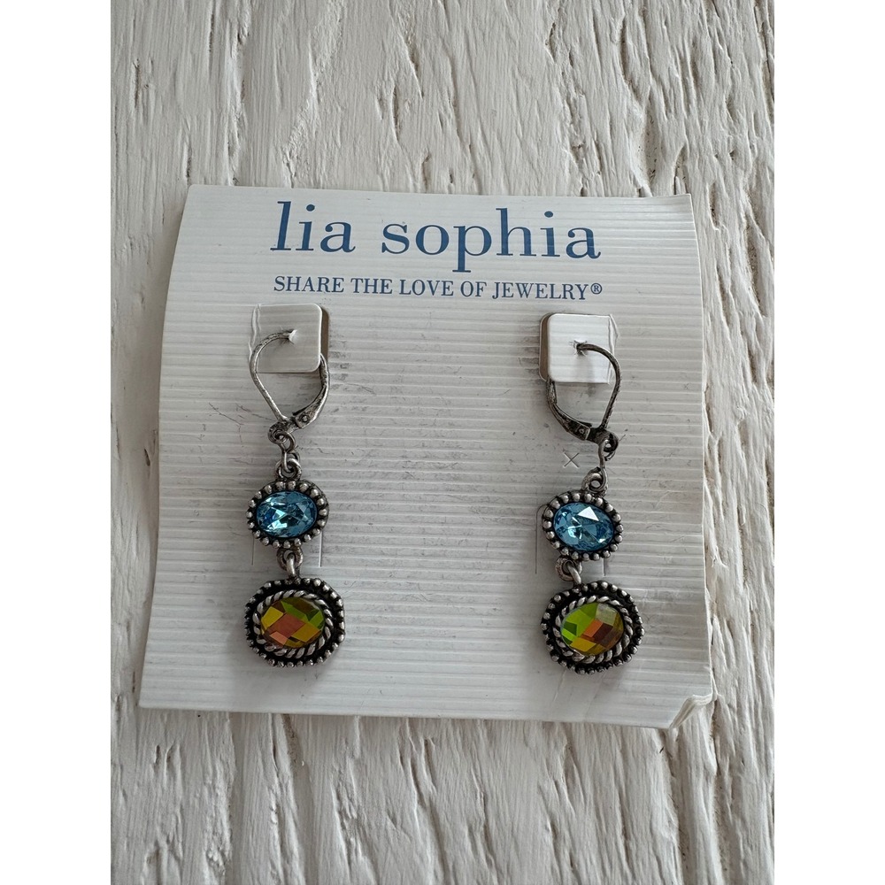 Lia Sophia Silver Tone Blue Green Iridescent Crystal Lever Back Drop Earrings